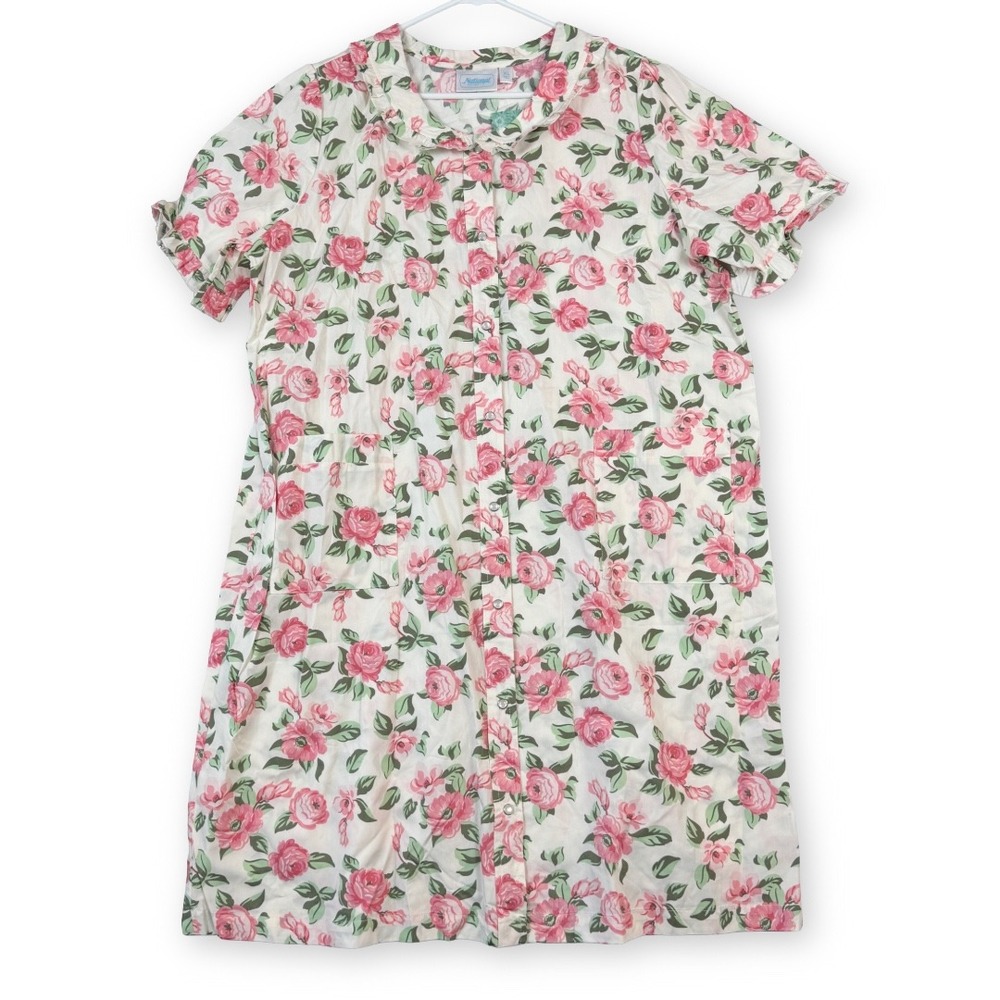 National Floral Snap Front House Dress Pink Rose Cotton Ruffle XL 24079